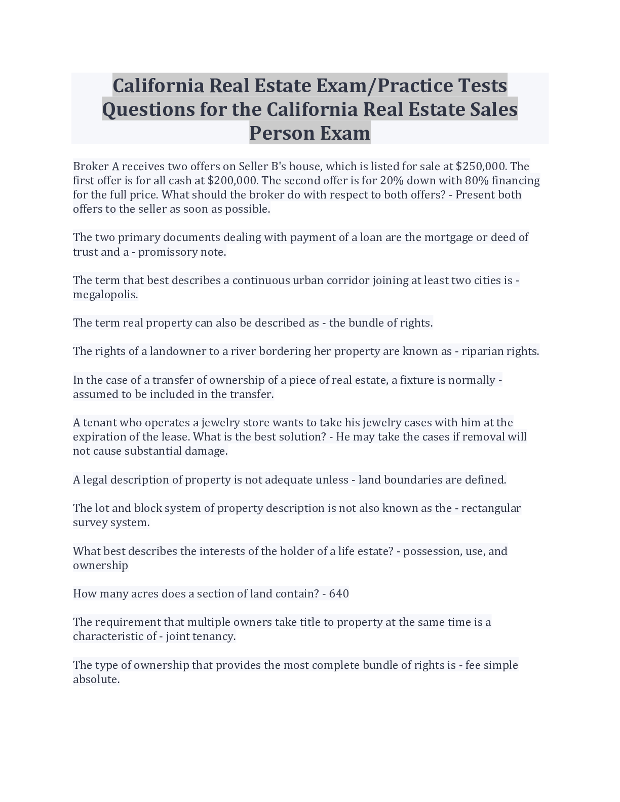 Preview image for California Real Estate Exam/Practice Tests Questions for the California Real Estate Sales Person Exam